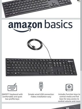 Amazon Basics Black Wired USB Full-Size Keyboard